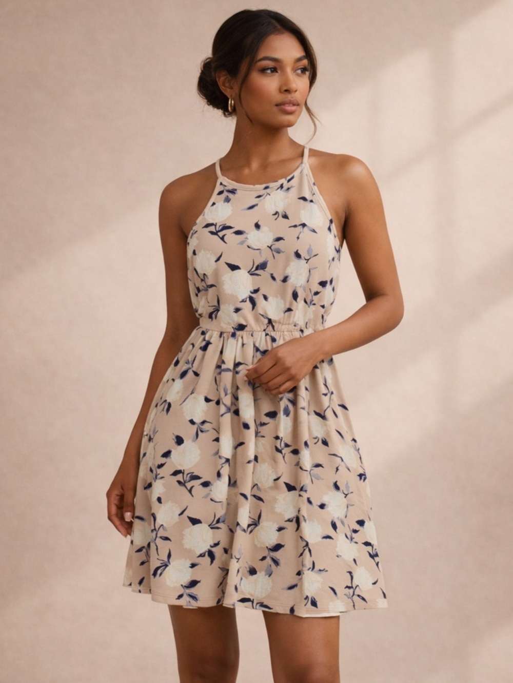 Soprano Stretch Floral Mini Dress Beige Blue Fit Flare Soft Girl Cottagecore S